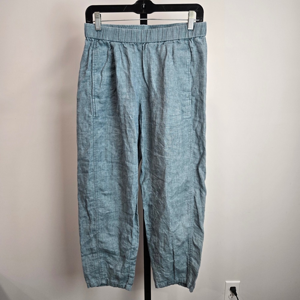 Eileen Fisher Womens XS Blue 100% Organic Linen Elastic Waist Tapered Pants